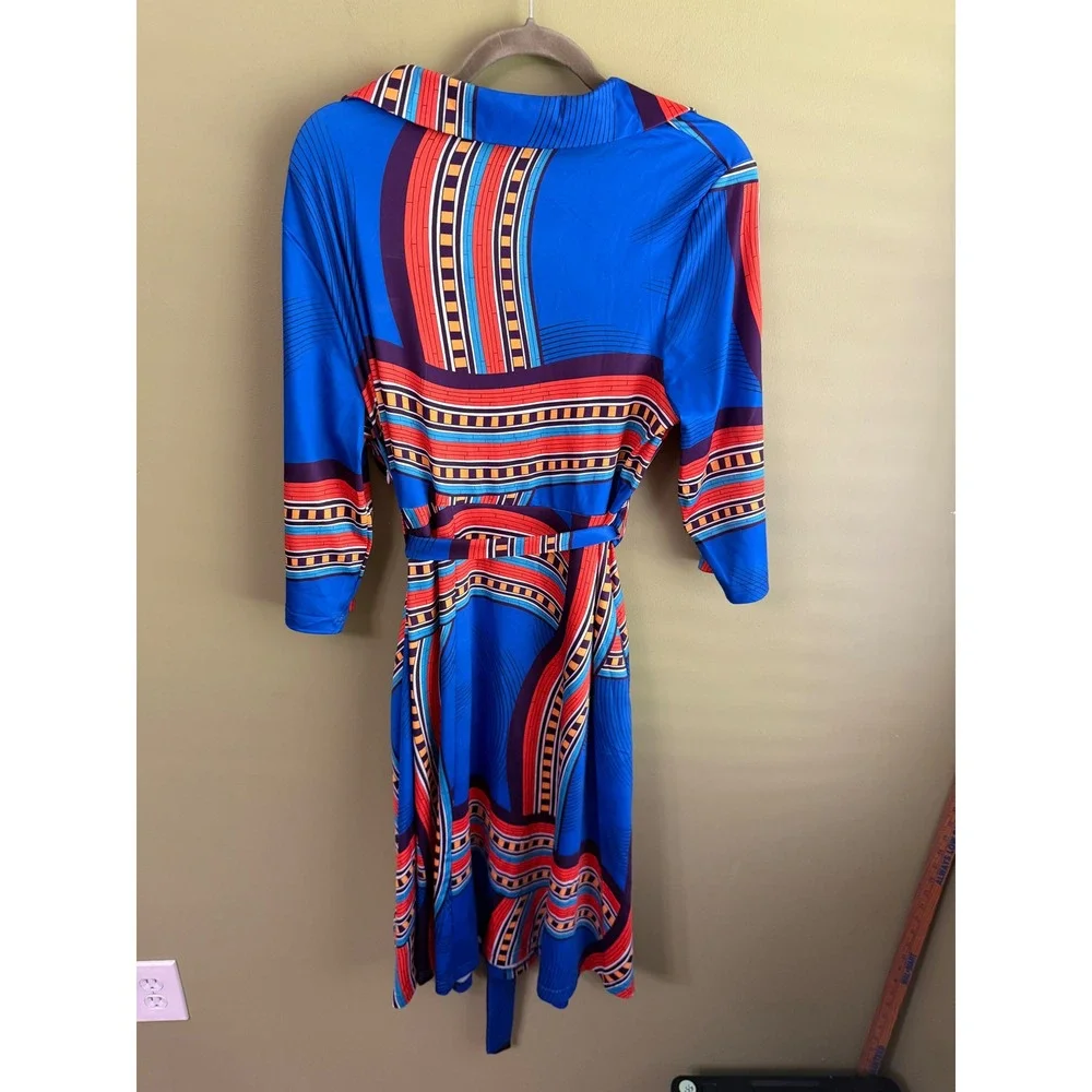 Fandee Womens 2X Geometric Abstract Print Long Sleeve Belted Midi Dress Blue
